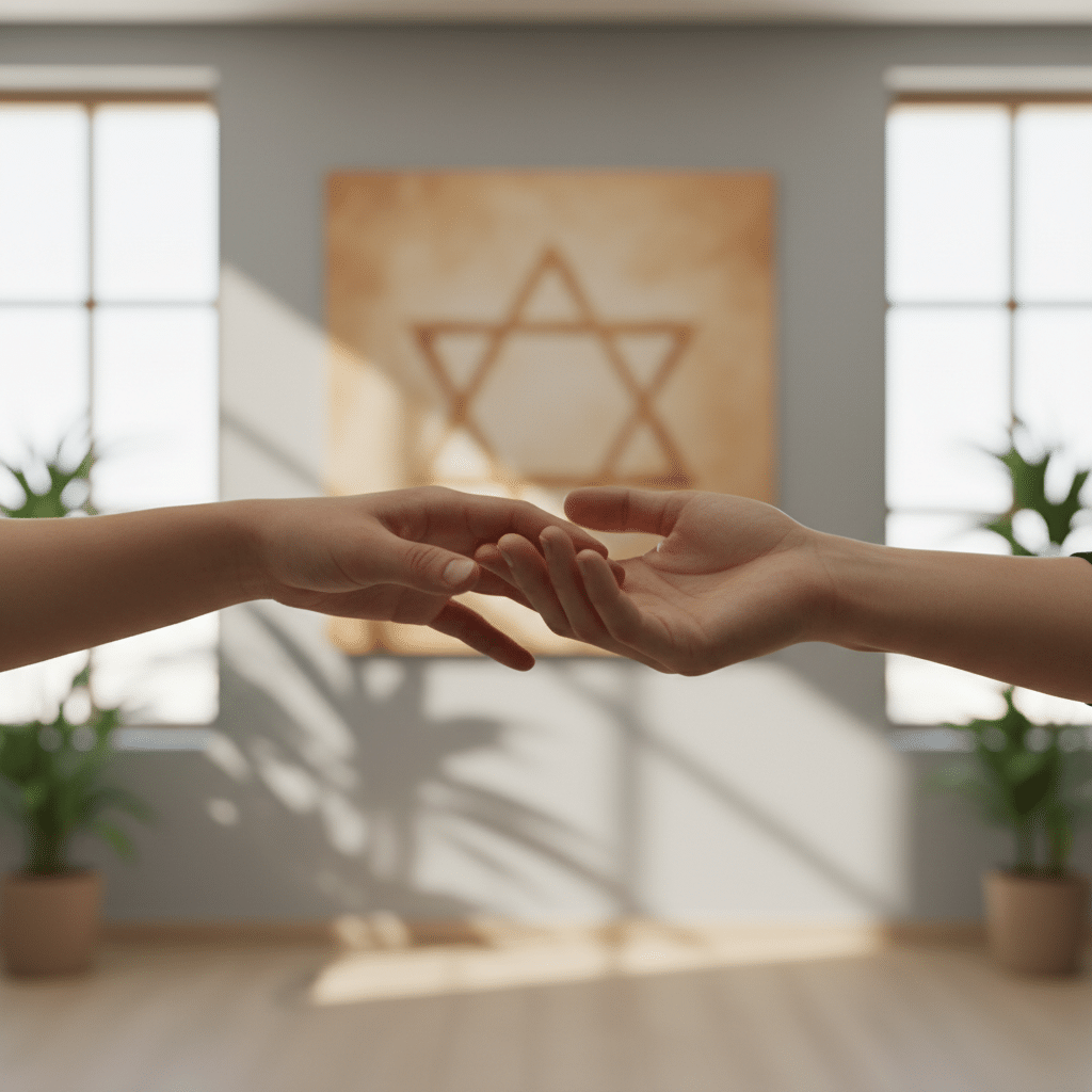 שתי ידיים, אחת רועדת, אוחזות זו בזו, המסמלות תמיכה והתמודדות עם התמכרות ואלימות.